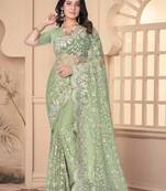 Pista green heavy resham stone embroidery work net saree