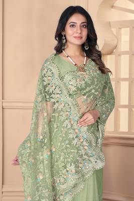 Pista green heavy resham stone embroidery work net saree 2
