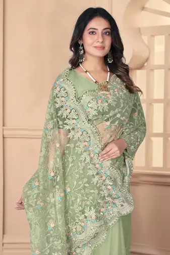 Pista green heavy resham stone embroidery work net saree