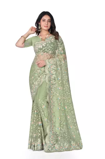 Pista green heavy resham stone embroidery work net saree