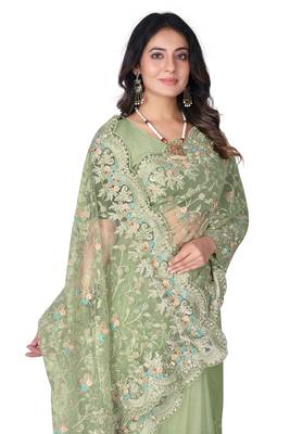 Pista green heavy resham stone embroidery work net saree 5