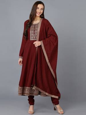 maroon embroidered silk blend styles women's kurta trousers with dupatta 1