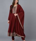 maroon embroidered silk blend styles women's kurta trousers with dupatta