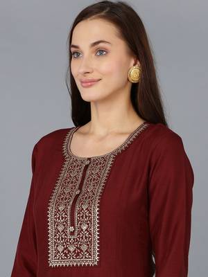 maroon embroidered silk blend styles women's kurta trousers with dupatta 2
