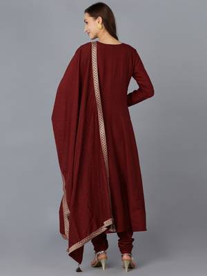 maroon embroidered silk blend styles women's kurta trousers with dupatta 4