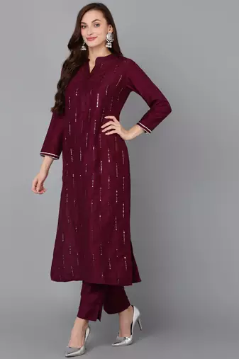 Plum Polyester Sequin Work Salwar Kameez