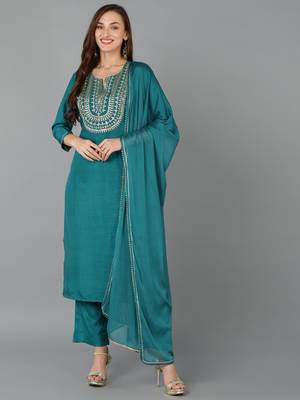 teal yoke design silk blend styles women's kurta trousers with dupatta 1