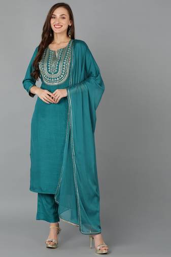 teal yoke design silk blend styles women's kurta trousers with dupatta