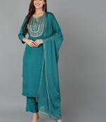 teal yoke design silk blend styles women's kurta trousers with dupatta
