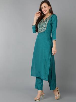 teal yoke design silk blend styles women's kurta trousers with dupatta 3