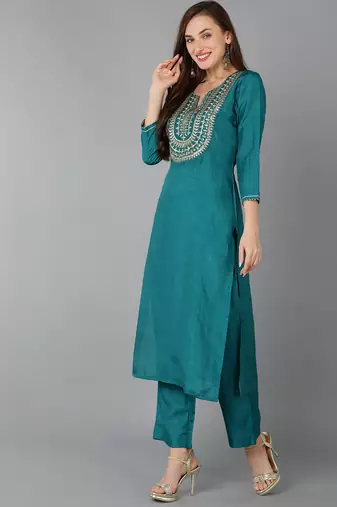 teal yoke design silk blend styles women's kurta trousers with dupatta