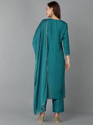 teal yoke design silk blend styles women's kurta trousers with dupatta 4