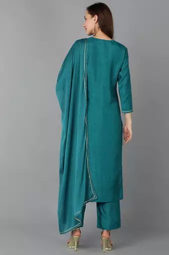 teal yoke design silk blend styles women's kurta trousers with dupatta