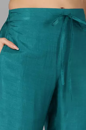 teal yoke design silk blend styles women's kurta trousers with dupatta