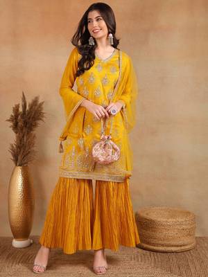 mustard embroidered silk blend styles women's kurta sharara with dupatta 1