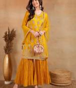 mustard embroidered silk blend styles women's kurta sharara with dupatta