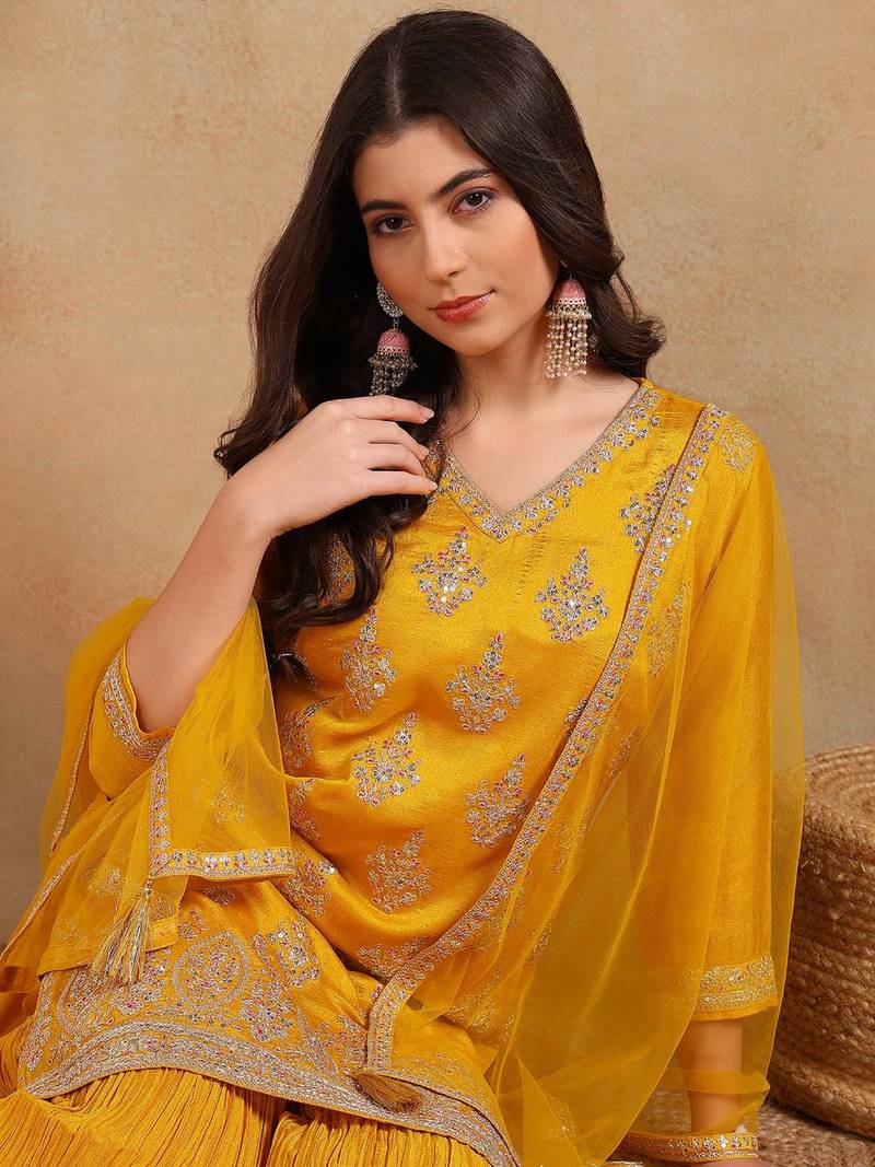 mustard embroidered silk blend styles women's kurta sharara with dupatta