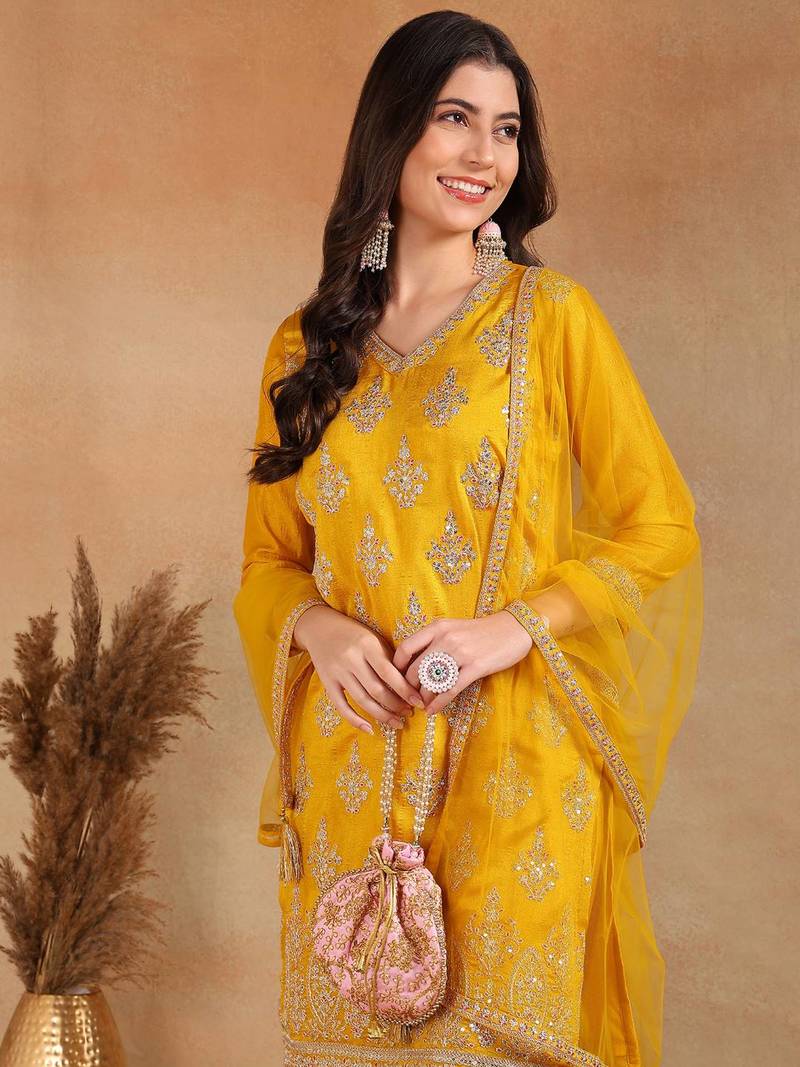 mustard embroidered silk blend styles women's kurta sharara with dupatta