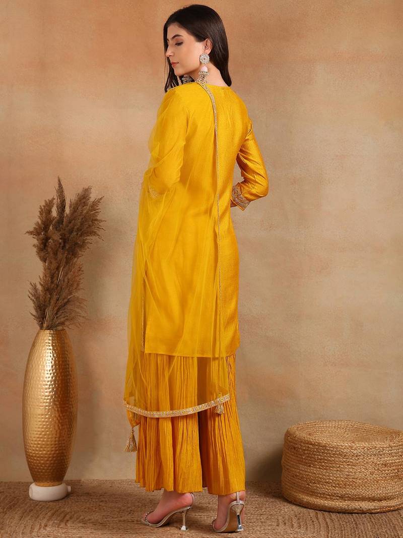 mustard embroidered silk blend styles women's kurta sharara with dupatta