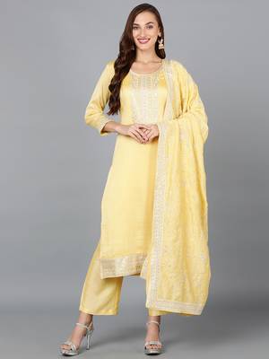 yellow embroidered silk blend styles women's kurta trousers with dupatta 1