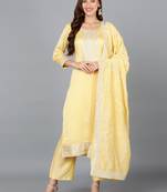 yellow embroidered silk blend styles women's kurta trousers with dupatta