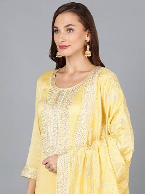 yellow embroidered silk blend styles women's kurta trousers with dupatta 2