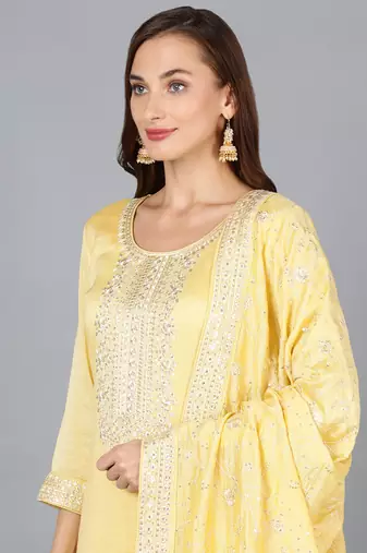 yellow embroidered silk blend styles women's kurta trousers with dupatta