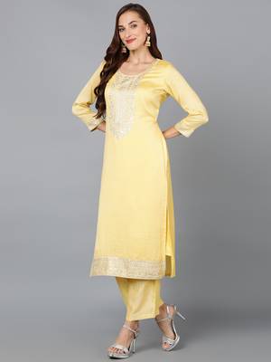 yellow embroidered silk blend styles women's kurta trousers with dupatta 3
