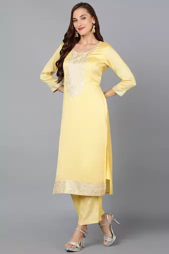 yellow embroidered silk blend styles women's kurta trousers with dupatta