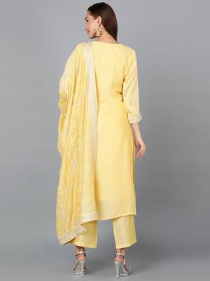 yellow embroidered silk blend styles women's kurta trousers with dupatta 4