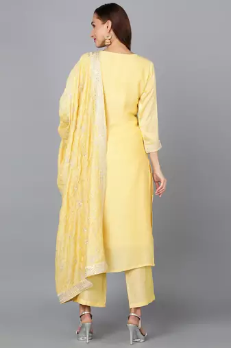 yellow embroidered silk blend styles women's kurta trousers with dupatta
