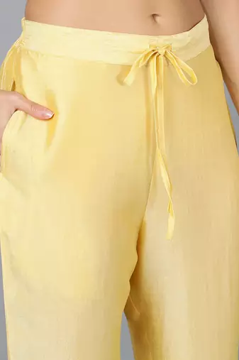 yellow embroidered silk blend styles women's kurta trousers with dupatta