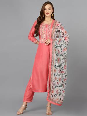 Ahika coral embroidered silk blend styles women's kurta trousers with dupatta 1