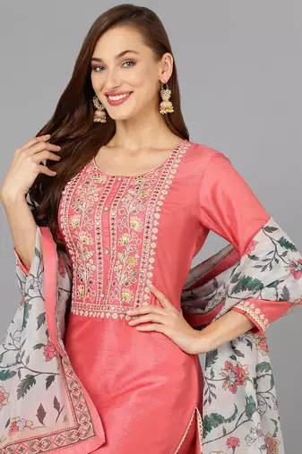 Ahika coral embroidered silk blend styles women's kurta trousers with dupatta
