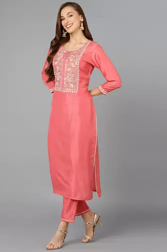 Ahika coral embroidered silk blend styles women's kurta trousers with dupatta