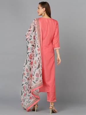 Ahika coral embroidered silk blend styles women's kurta trousers with dupatta 4