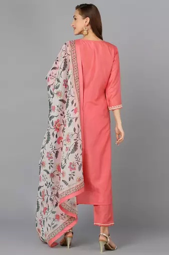 Ahika coral embroidered silk blend styles women's kurta trousers with dupatta
