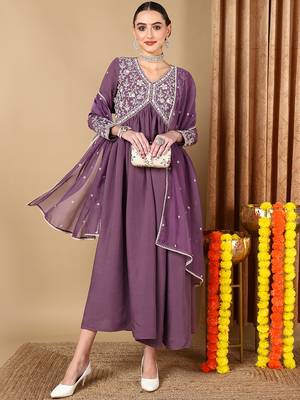 purple embroidered silk blend styles women's kurta trousers with dupatta 1