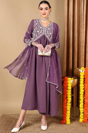purple embroidered silk blend styles women's kurta trousers with dupatta