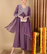 purple embroidered silk blend styles women's kurta trousers with dupatta
