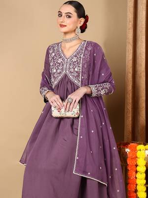 purple embroidered silk blend styles women's kurta trousers with dupatta 2