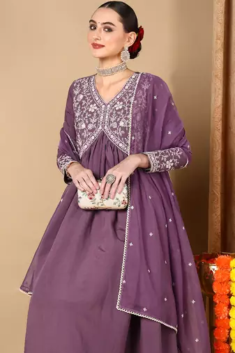 purple embroidered silk blend styles women's kurta trousers with dupatta