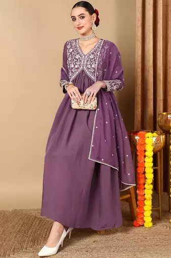 purple embroidered silk blend styles women's kurta trousers with dupatta