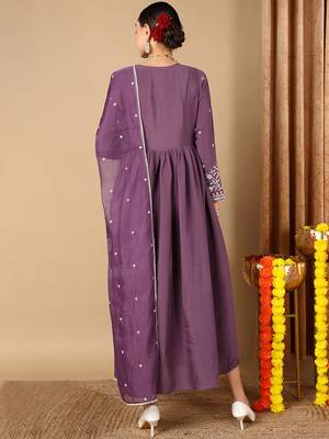purple embroidered silk blend styles women's kurta trousers with dupatta 4