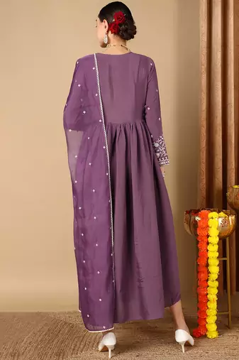 purple embroidered silk blend styles women's kurta trousers with dupatta