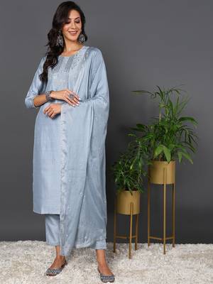 blue embroidered silk blend styles women's kurta trousers with dupatta 1
