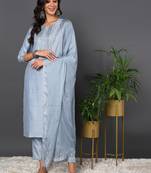 blue embroidered silk blend styles women's kurta trousers with dupatta
