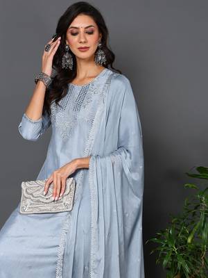 blue embroidered silk blend styles women's kurta trousers with dupatta 2