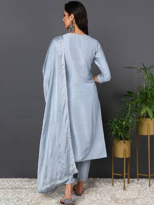 blue embroidered silk blend styles women's kurta trousers with dupatta 4