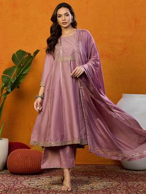 pink embroidered silk blend styles women's kurta palazzos with dupatta 1